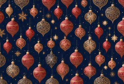 The primary subject of the image is a collection of Christmas ornaments, which are displayed in various shapes and sizes. The ornaments are hanging from strings, creating a festive and colorful scene. The setting is a blue background, which adds to the holiday atmosphere. The visual style is a combination of digital art and illustration, giving the image a unique and creative appearance. The colors and mood of the image are predominantly red and gold, which are traditional colors associated with Christmas decorations.